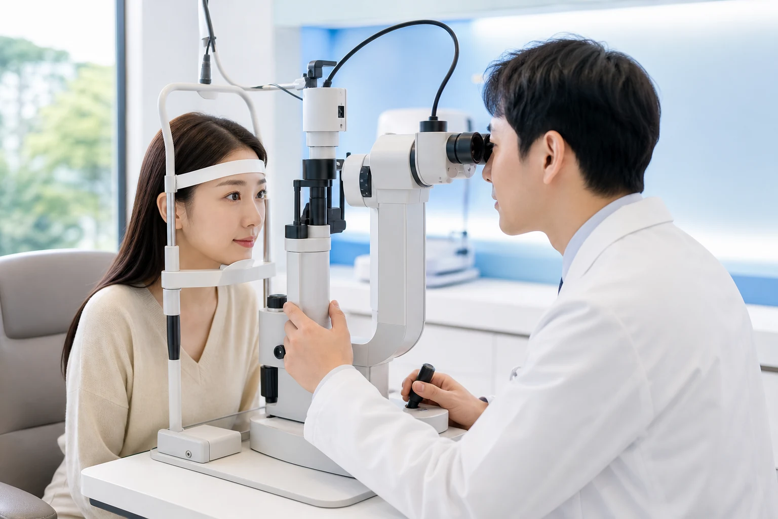 밝고 현대적인 안과에서 세극등 검사를 받는 한국인 여성